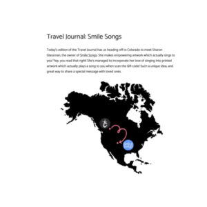 black graphic of north and south america on white background with black Ta Muchly logo in Canada and blue Smile Songs logo on Colorado, description of series in black type overhead