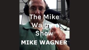the mike wagner show logo with mike wagner on the mic and white typography over top