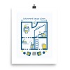 navy and yellow design on white graph paper background shows rooms with introvert friendly descriptions like idea studio, restoration station, food for thought with traditional home blueprint layout, qr code lower center plays ong