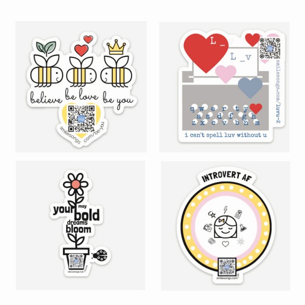 four diecut stickers shown together to illustrate contents of sticker pack