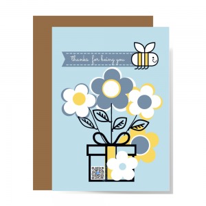 recycled paper thank you card with flowers, bee trailing banner with thanks for being you message and bunch of flowers with qr code in design of flower pot that plays thanks for being you song