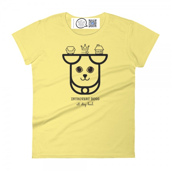 yellow cotton womens t shirt with inner spirit animal introvert dogg design and inside label with qr that plays song