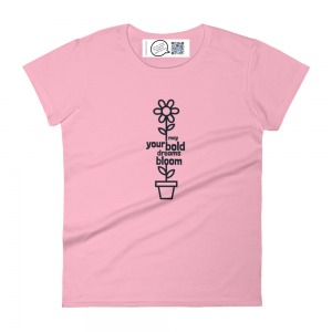 pink womens short sleeve t with growing flower design and may your bold dreams bloom type on stem shows label with qr code that plays bold dreams bloom song