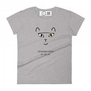 gray womens short sleeve t with cat line drawing with blue and yellow eyes and typography introvert kitty still still until showing label with qr inside shirt that play song