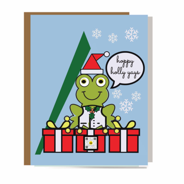QR code singing holiday card with frog wearing Santa hat against snowflakes and mountains, holly, gifts