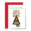 christmas tree with red and green stripes topped by smiling introvert girl with eyes closed surrounded by icons including pajamas, book, tv, star and present, qr code in box at base of tree plays introvert holiday song