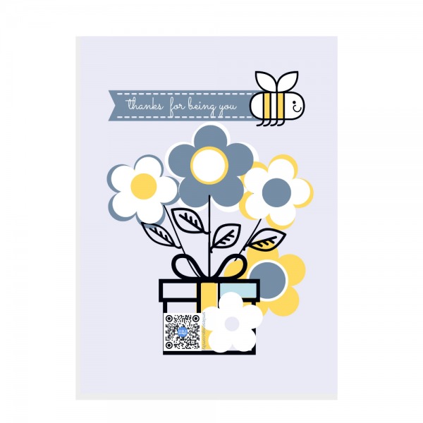 large rectangular vertical sticker with lavender background, flowers and bee pulling thanks for being you sign to show design and qr code on art that play songs