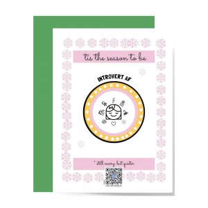 pink, yellow and white tis the season to be introvert af card with introvert girl and snowflake design, qr code plays introvert hloliday song