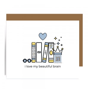 greeting card showing illustration of row of books with sunglasses, heart and crown above qr code which plays song about brain power when scanned