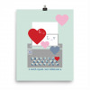 pale blue cotton paper art print with typewriter and hearts design, qr code that plays love song