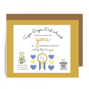 super duper dad certificate greeting card with gold and navy palette, smiling bee and gold ribbon; qr code in gift box on art plays thank you song