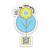 die cut magnet with tree, flower in center and happy bee passing by; qr code in planter plays song