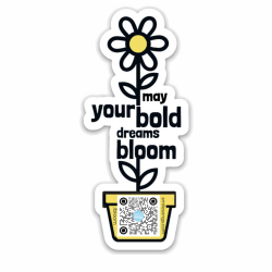 tall blooming flower with type on stem, black, white and yellow diecut magnet sings songs with qr in planter at bottom of design