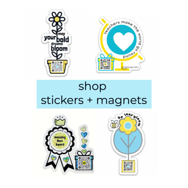 four diecut stickers and fridge magnets that sing with qr code including floral, teacher apprecation gift, mothers day stickers and inspirational bee magnet