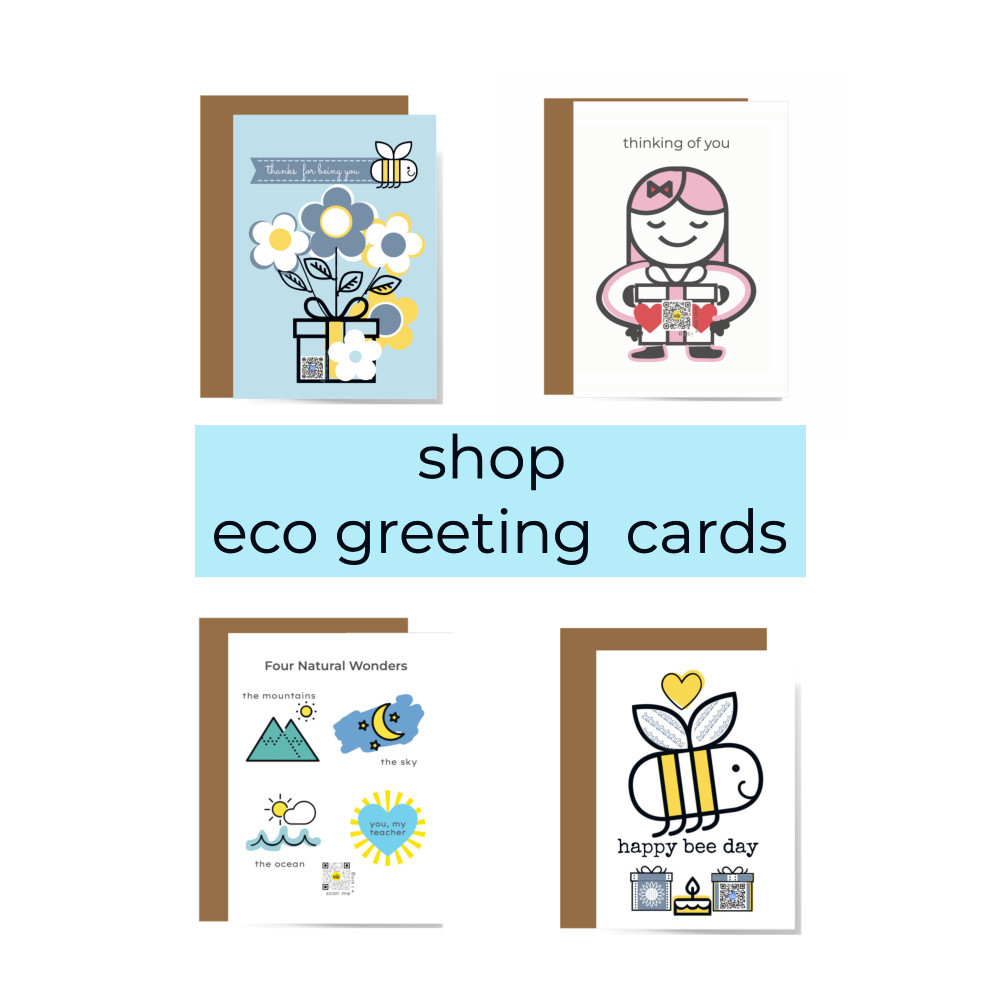 recycled paper qr code singing greeting cards including thank you cards, thinking of you card, teacher appreciation card and bee pun birthday card