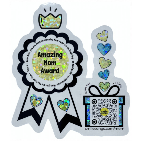 Die-cut sticker of award ribbon and gift box with yellow and blue glitter accents says Amazing Mom Award on ribbon; QR code on gift plauys song