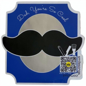 Die-cut sticker designed to look like barbershop mirror with mirrored inside and blue frame, shaving gear in box with QR code that plays song