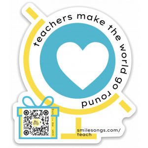 Die-cut sticker with heart inside globe and gift box with QR code that plays song and Teachers Make the World Go Round typography, song web link