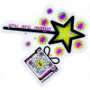 You are Magic, pink, yellow, black and white Die cut sticker with glitter accents showing magic wand, sparkly circles, gift box with qr code that sings and we link