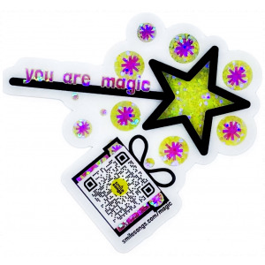 You are Magic, pink, yellow, black and white Die cut sticker with glitter accents showing magic wand, sparkly circles, gift box with qr code that sings and we link