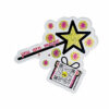 diecut sticker with magic wand, stars and gift box in pink and yellow glitter, qr code plays you are magic song