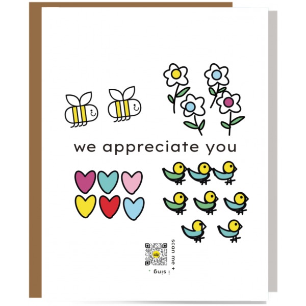 bees, flowers, hearts and birds we appreciate you card with qr code that plays exclusive song