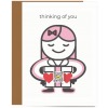 greeting card of pink haired girl offering box with bos with hearts and QR code that sings, Thinking of You typography overhead