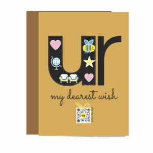 kraft brown greeting card with large letter U with icons of love in it and and R over type my dearest wish and gift box that plays love song for anniversary, just because and love you