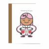 Thinking of You card with Brown skinned girl option 1 pink hair holding gift box with hearts and QR code that plays Thinking of You Song