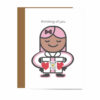 Thinking of You Card with Black woman with pink hair holding gift box with hearts and QR code that sings Thinking of You song