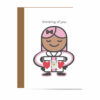 Thinking of You Card with Brown skinned smiling girl with Pink Hair and gift box with hearts and QR code that plays song