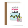 card with birthday cake illustration heart shaped candle flames and present with hearts in it and qr code that plays you take the cake song in pinks, blue and yellow
