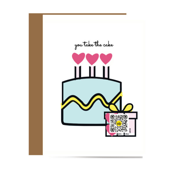 card with birthday cake illustration heart shaped candle flames and present with hearts in it and qr code that plays you take the cake song in pinks, blue and yellow