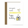black, white and yellow birthday card with bold type, gift box and qr code that plays song