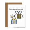 card for dad with father and child bees smiling, gift box and qr code that plays song