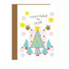 singing holiday card with trees, bees, stars and gifts made of word joy and qr code that sings our original holiday song