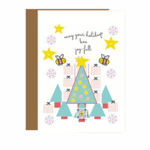 singing holiday card with trees, bees, stars and gifts made of word joy and qr code that sings our original holiday song