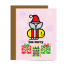 pink greeting card with bee wearing santa hat flying over gifts and qr code that sings