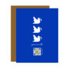 Blue holiday card with white doves and qr code that plays original holiday song