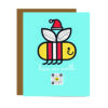 sky blue holiday card with bee wearing santa hat bees on earth message and qr code that plays original holiday song