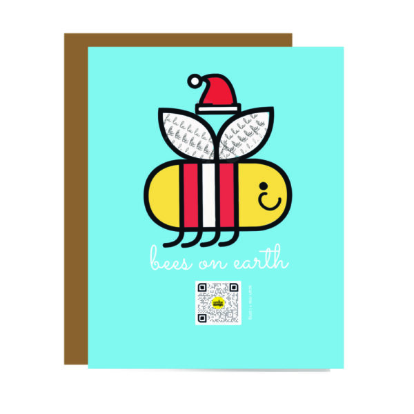 sky blue holiday card with bee wearing santa hat bees on earth message and qr code that plays original holiday song