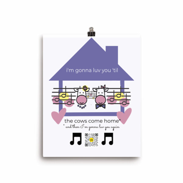 Funny love art print with two cows wearing hair bows, qr code plays love song