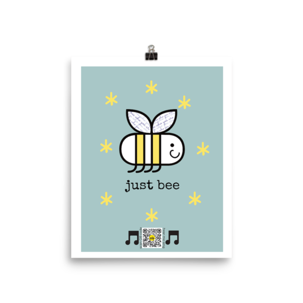 8x10 wall art print with bee flying among the stars, qr code that plays Just Bee song