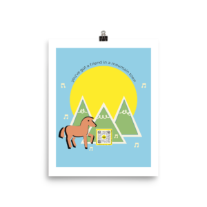 8x10 art print the mountain, horse, sun, qr code that sings Mountain Town song