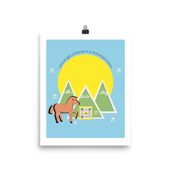 8x10 art print the mountain, horse, sun, qr code that sings Mountain Town song