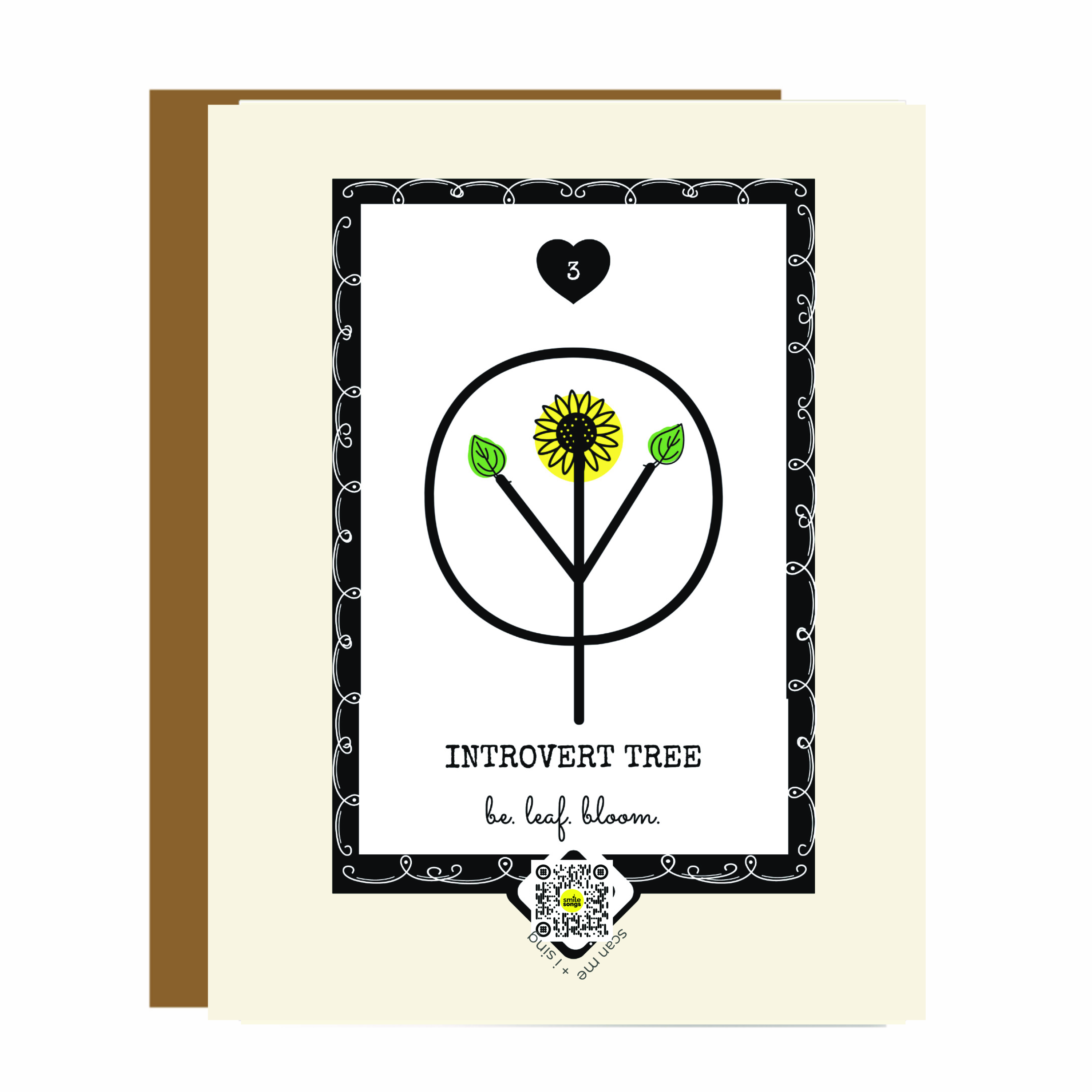 introvert encouragement card with tree, flower, bee and qr code that plays song