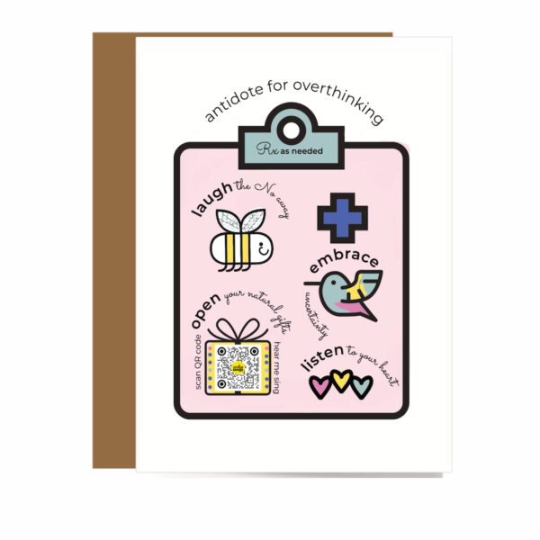 greeting card with prescription pad with encouraging tips to cure overthinking