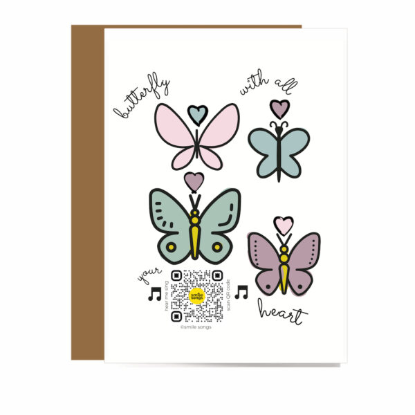 greeting card with pink, green and purple butterflies, QR code that plays song