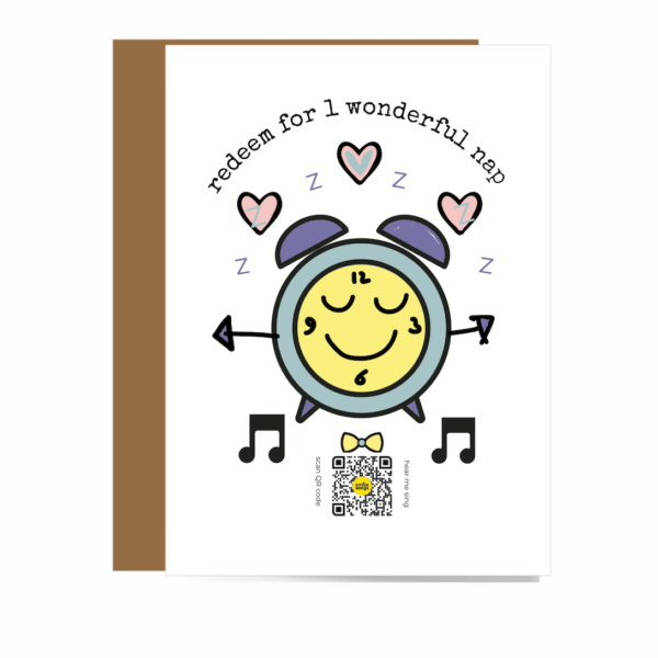 greeting card with clock, hearts and qr code that plys time to take a nap song