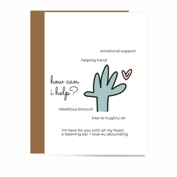 sympathy friendship card with helping hand, heart, type and qr code that plays here for you song